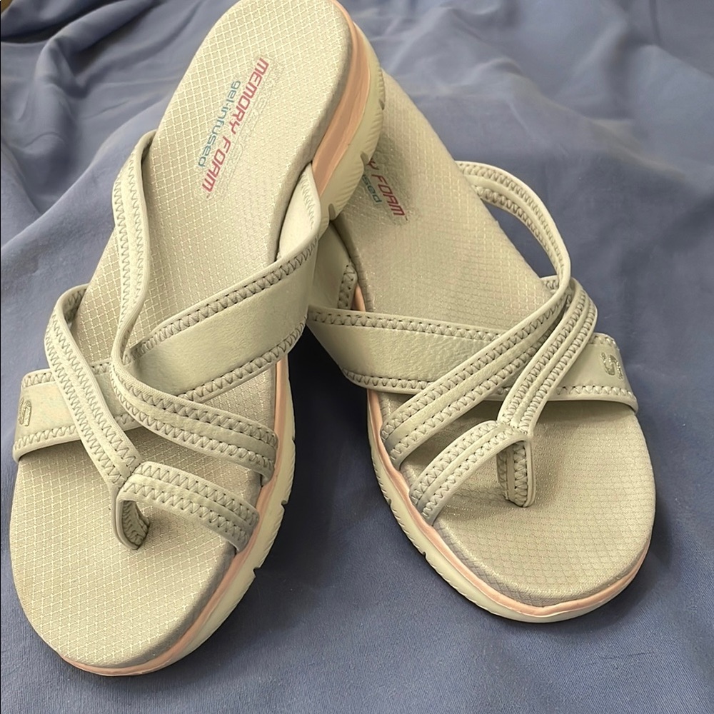 Skechers Gray and Pink Comfort Sandals with Crisscross Straps